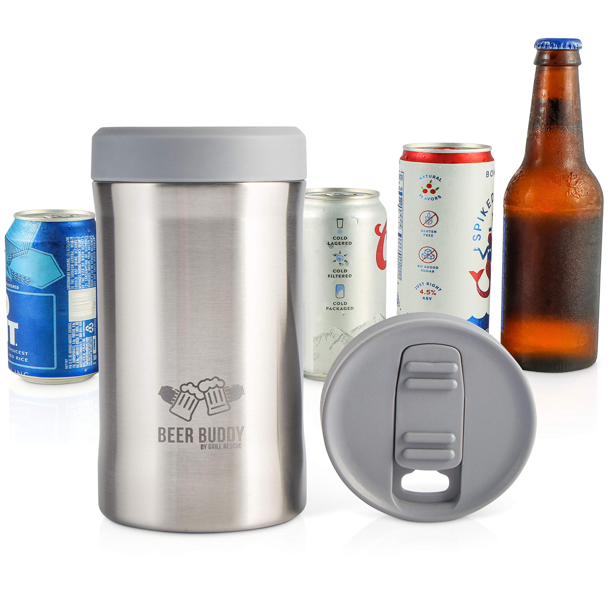 Beer Buddy Insulated Can Holder – Vacuum-Sealed Stainless Steel – Beer Bottle Insulator for Cold Beverages – Thermos Beer Cooler Suited for Any Size Drink - One Size Fits All (Stainless Steel)