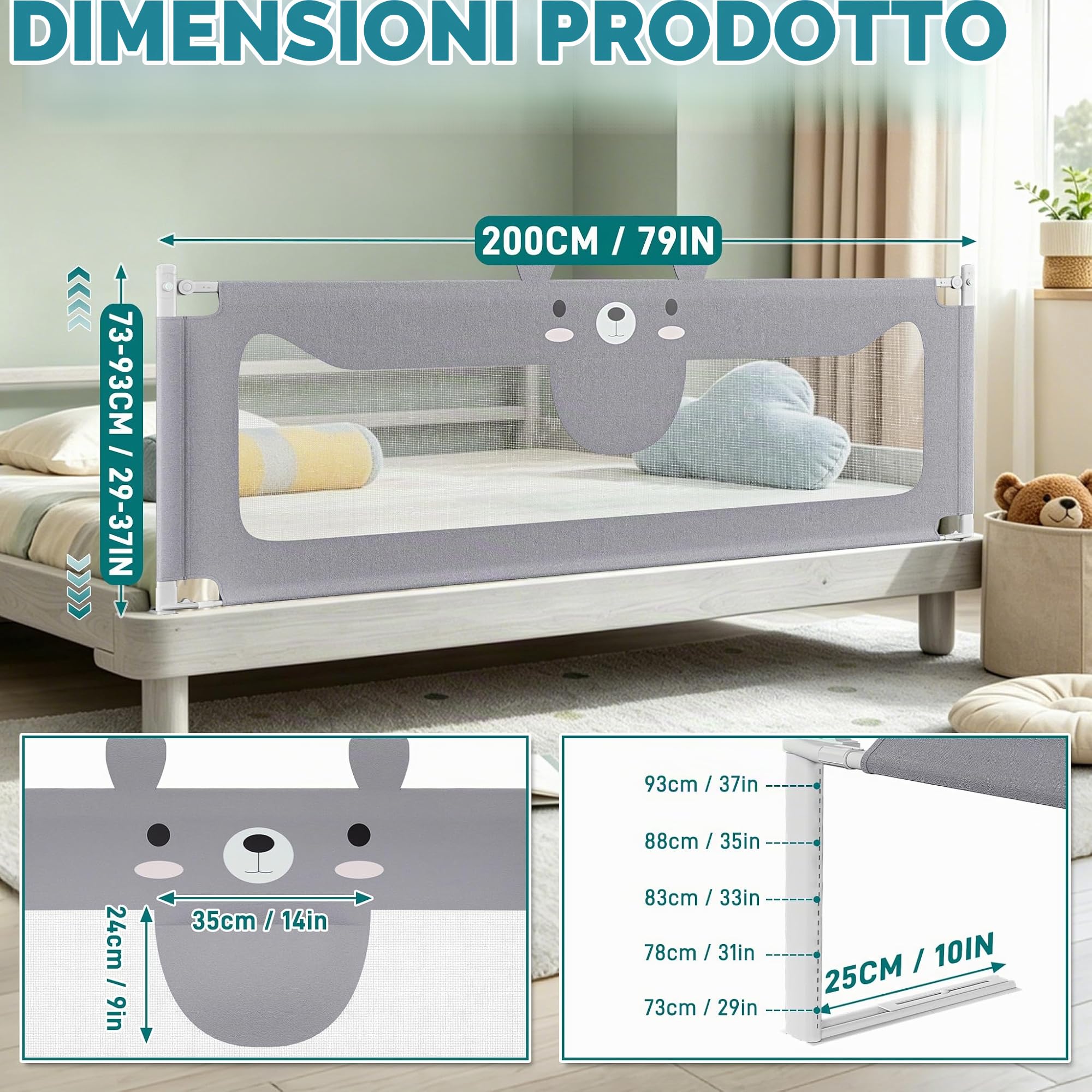 LARS360 Griglia di sicurezza per lettino, 200 cm, per bambini e neonati