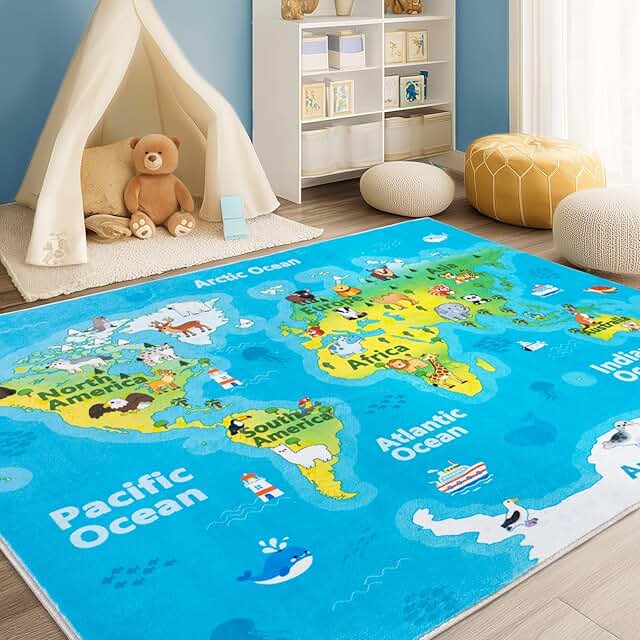 Kids Playroom Rug, 5x7ft World Map Play Mat with Cute Animals, Washable ...