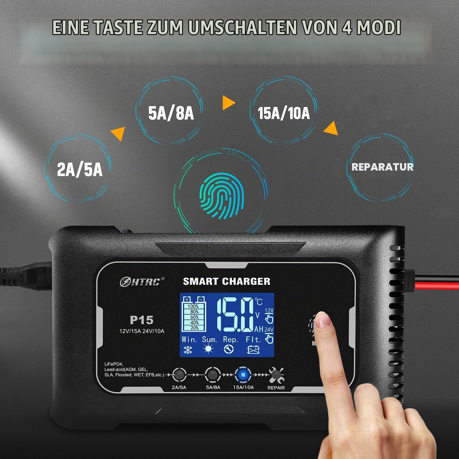 SolaMr 15A Auto-Batterie-Ladegerät, 12V und 24V Smart Automatic Battery Maintainer, Erhaltungsladegerät mit Temperaturkompensation für LKWs, Motorräder, Marine Lithium- und Blei-Säure-Batterien - P15
