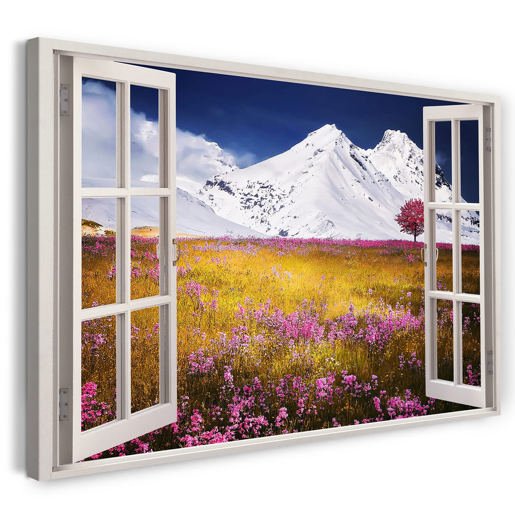 Print on Canvas (60x40 cm) view from the window - mountain meadow flowers snow summer nature - nature photography, real wood frame with hook