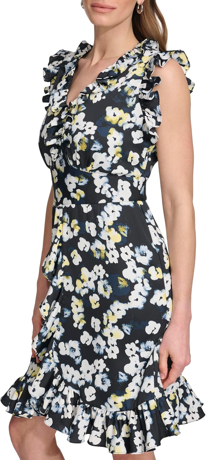 DKNY Women's Flutter Short Sleeve V-Neck Ruffles Mini Asymmetrical Hem Dress - Image 3