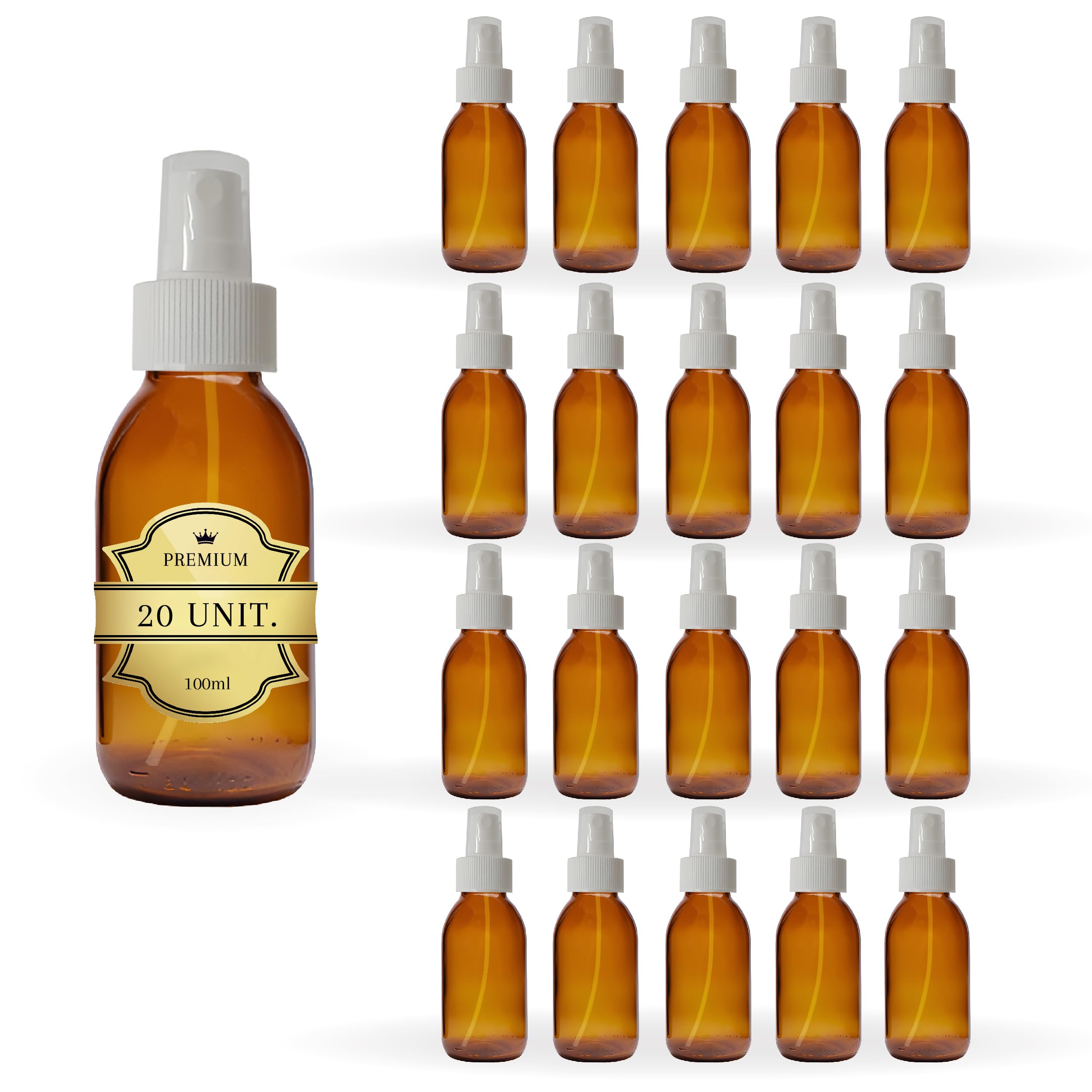 20 x Sprühflasche aus Glas, bernsteinfarben, 100 ml, mit Deckel des Zerstäubers – Spray für ätherische Öle, Kosmetik, Probenduft, Haarspray – Hautpflege und Haarpflege