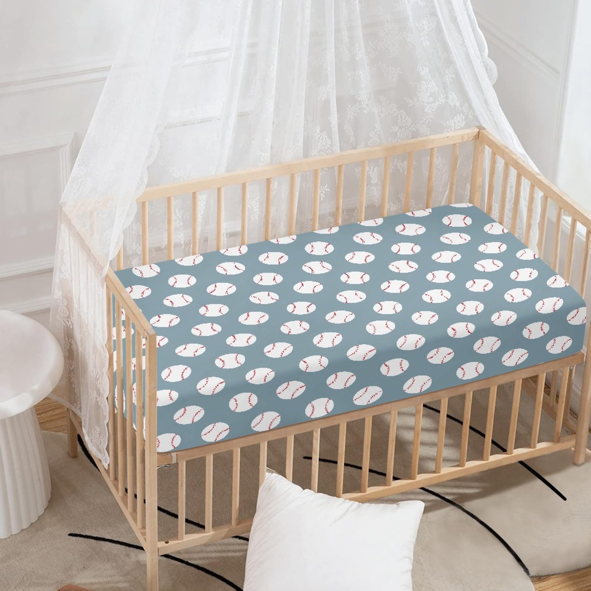 QINBEIDU Baseball Blue Fitted Crib Sheet American Sport Championship Patch Sports Standard Crib Mattress Fitted Sheet Baby Toddler Bed Mattress Sheets for Boys Girls 28
