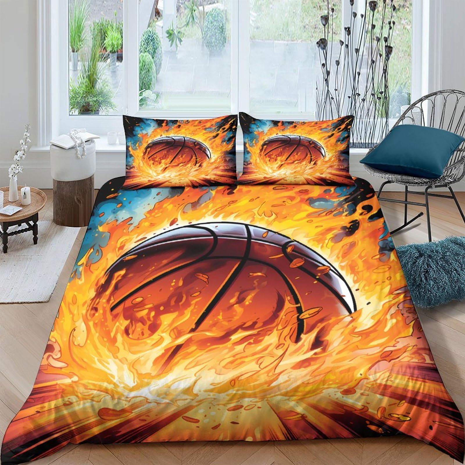 Ctjqhvkz Style-1 3D Printed Fire Basketball Fitted Sheet Microfiber Soft Anti-Slip Flame Sports Bed Cover For Bedroom Dorm Mattress Decor Single（135X200cm）