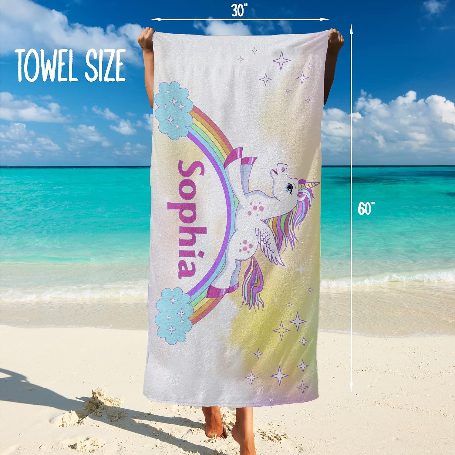 Unicorn Beach Towel for Girls - Custom Rainbow Towel With Names, Personalized Sand Free 30x60 for Toddlers, Kids, Teens - Ocean Pool Swim Towel T42