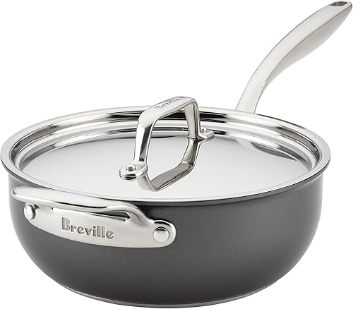 Breville Thermal Pro - Sartén antiadherente anodizado duro con tapa y mango auxiliar, 4 cuartos de galón, color gris