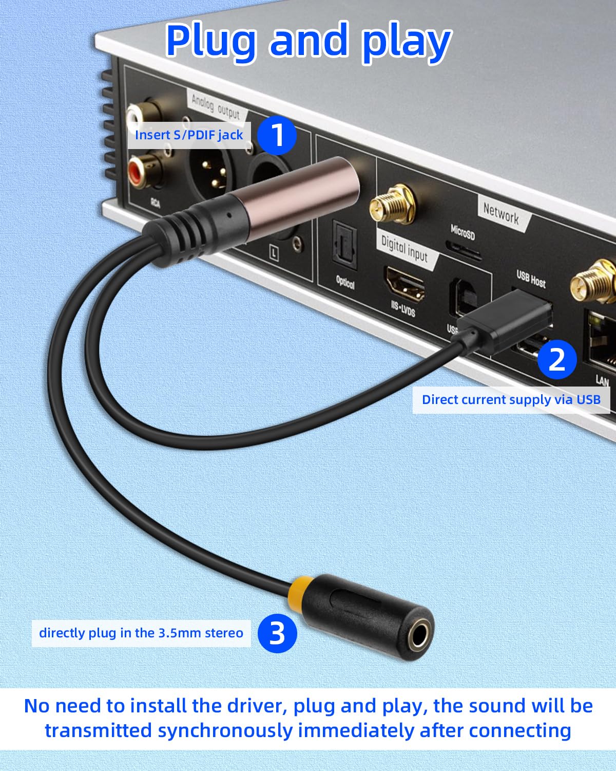 Interface RCA coaxiale numérique vers femelle de 3,5 mm avec câble d'alimentation USB pour TV, décodeurs, PS4 et autres appareils 20 cm