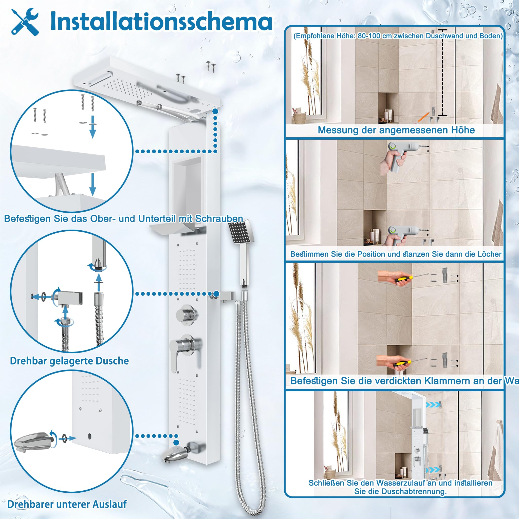 YUENFONG Pannello doccia 5 in 1 in acciaio inox, doccia multifunzione, con doccia a pioggia, cascata, massaggio alla schiena, doccetta, facile da montare a parete, bianco