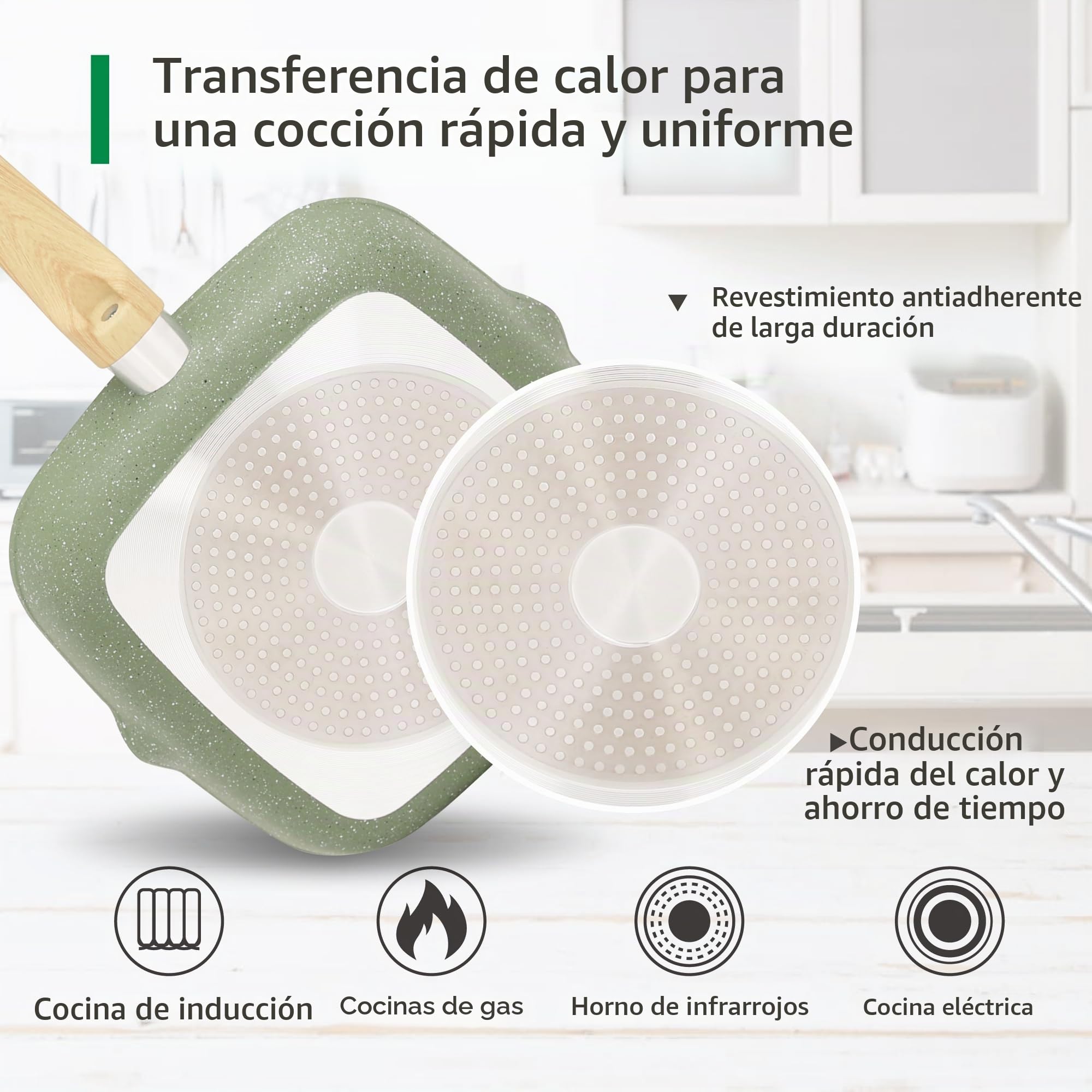 Kitchen Academy Juego de Sartenes Antiadherentes 17 Piezas, Juego de Ollas y Sartenes Induccion Aluminio Revestimiento Antiadherente, Juego Sartenes Inducción Cocinas de Gas (17 Piezas, Verde)