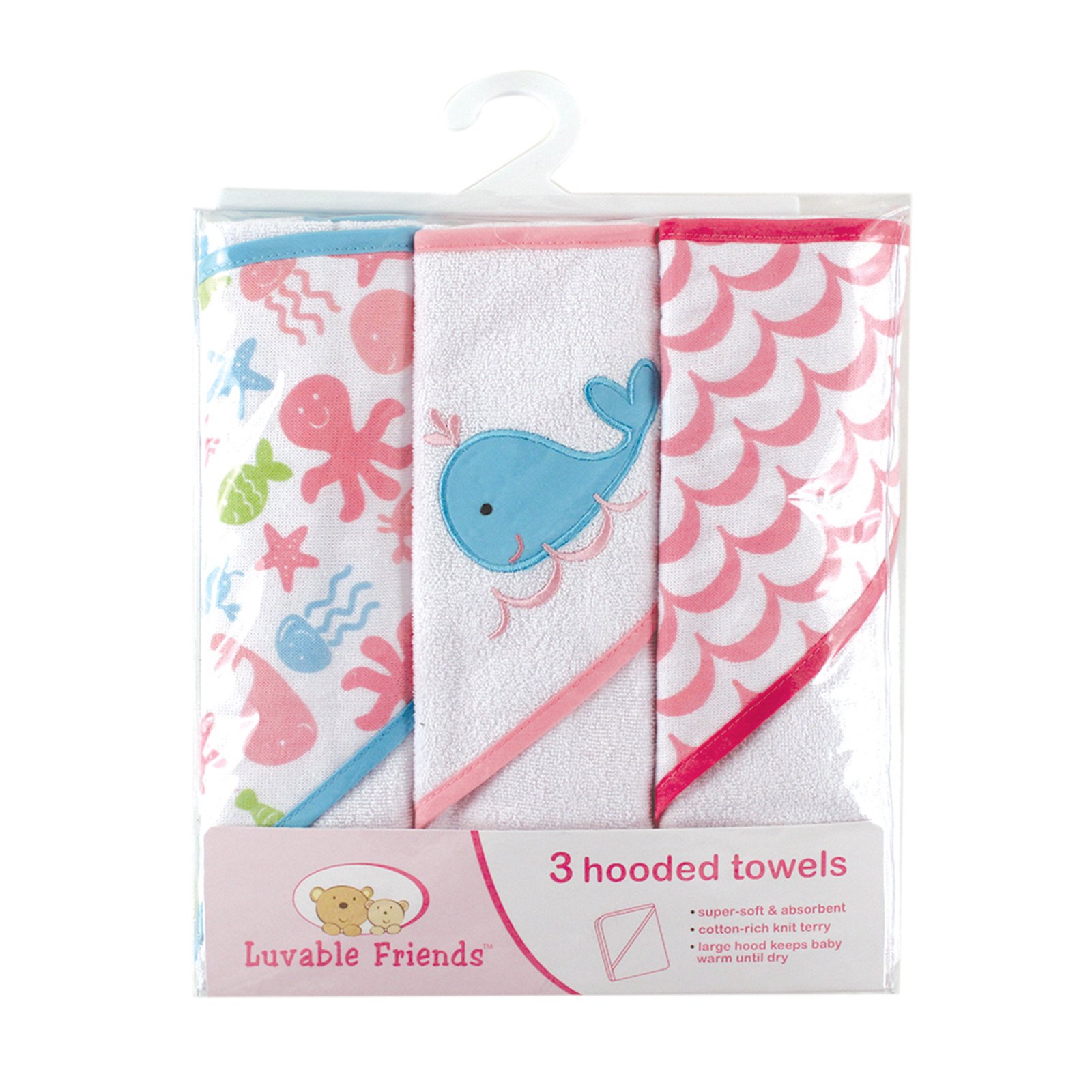Luvable Friends Hooded Towels, Pink Whale, 3 Count by Luvable Friends