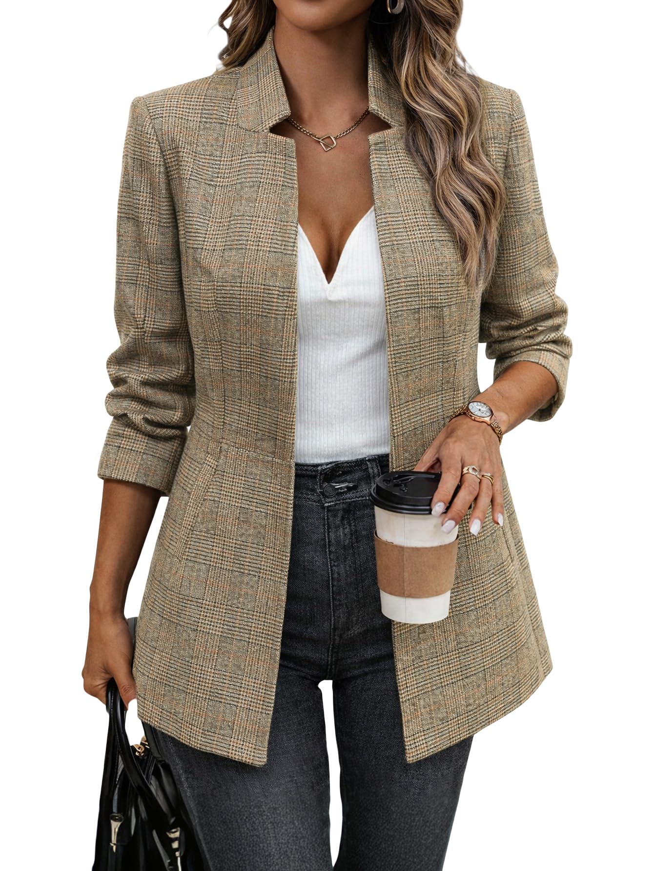 2026 spring women's herringbone tweed blazer jacket - long fully lined open front work office coat with pockets