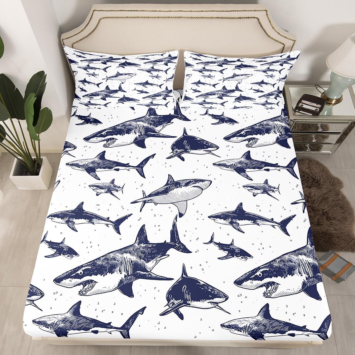Erosebridal Shark Fitted Sheet Deep Pocket Full Size Ocean Life Bedding Set for Kids Boys Girls Children Underwater Word Sheet Set Sea Animal Bed Cover Grey and White Home Decoration(No Top Sheet)