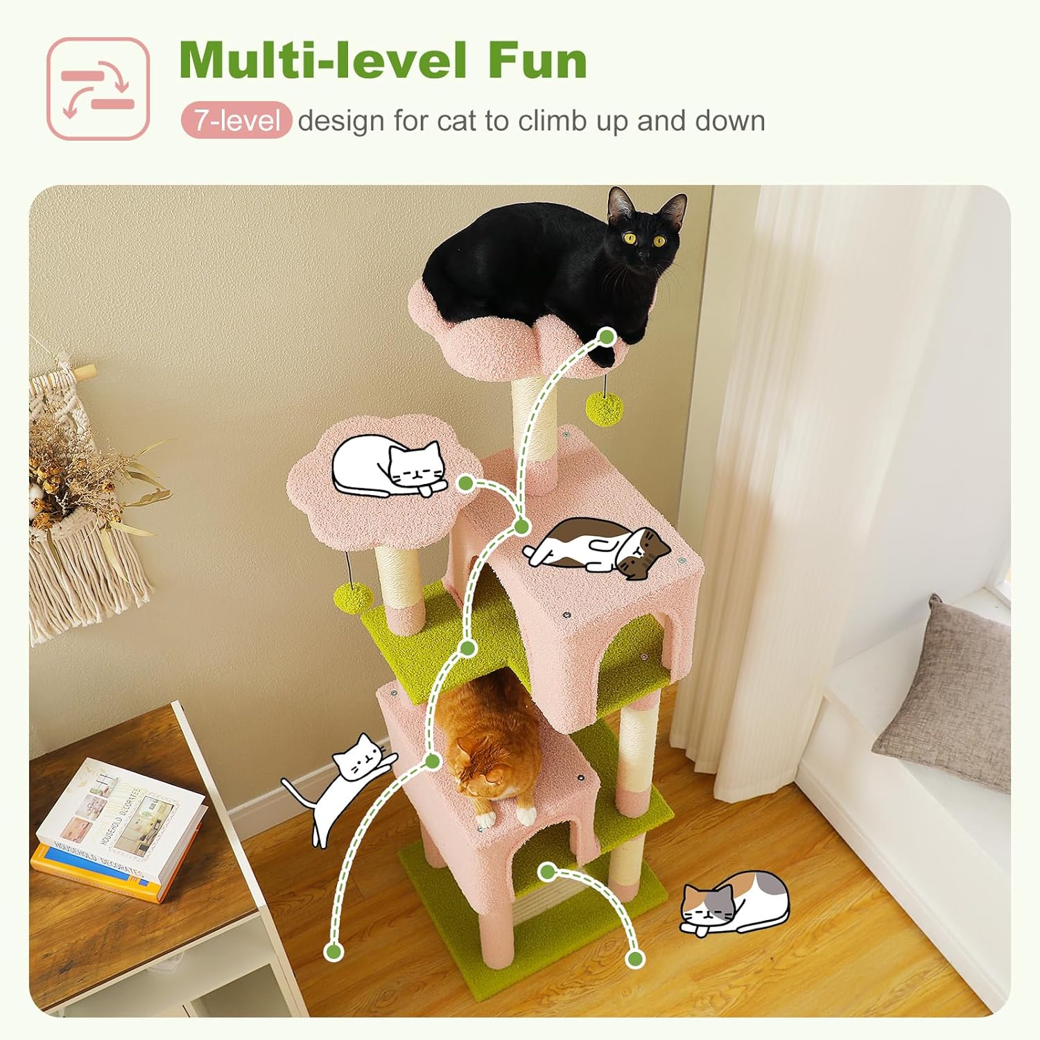 PEQULTI 62" Cat Tree for Indoor Cats, Multi-Level Cat Tower with Cozy Cat Condo Clearance Prime, Pink