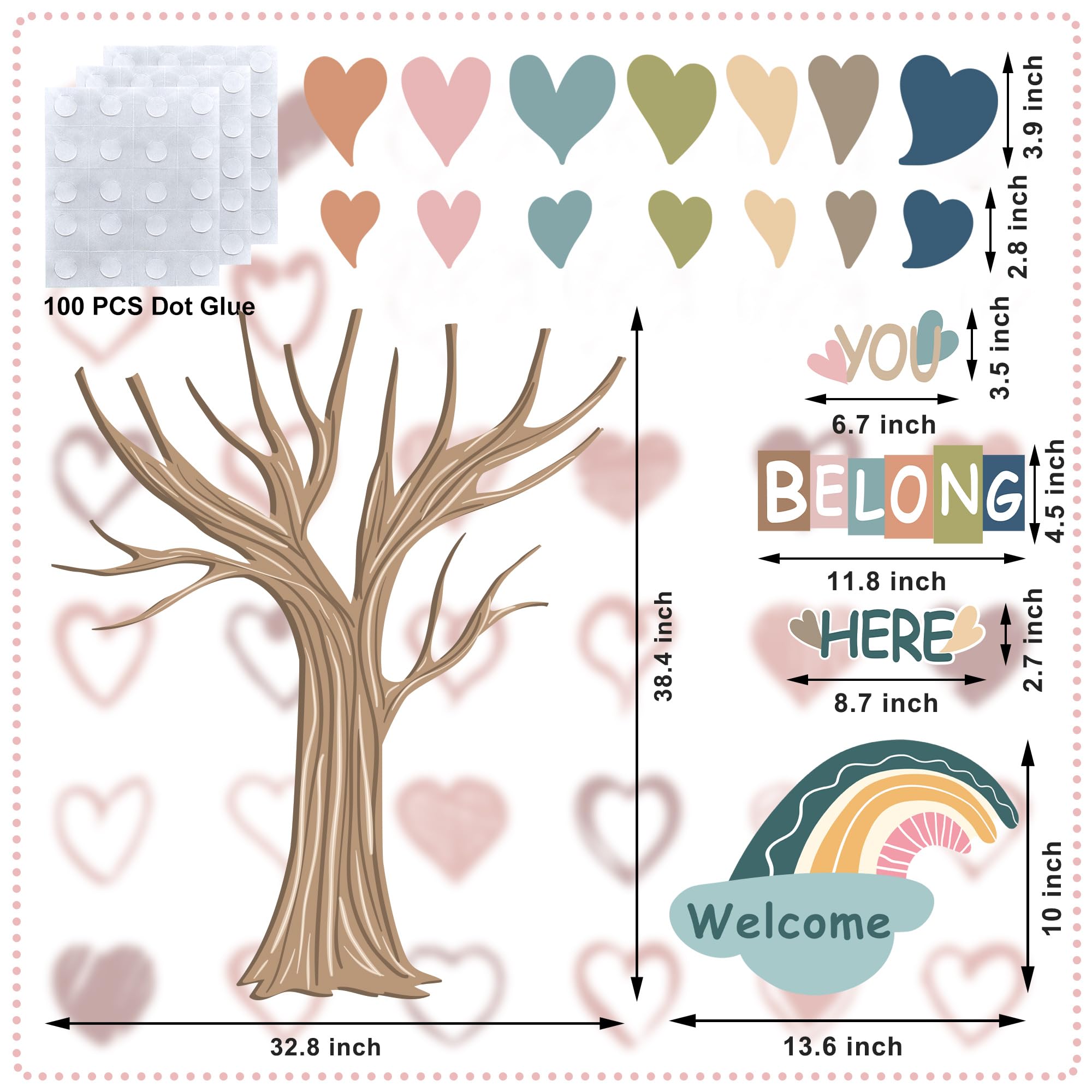 Classroom Tree Bulletin Board Decorations Boho Heart Tree Paper Cutouts You Belong Here Accents Welcome Bulletin Board Decor for School Nursery Blackboard Home Wall Decor - Image 2