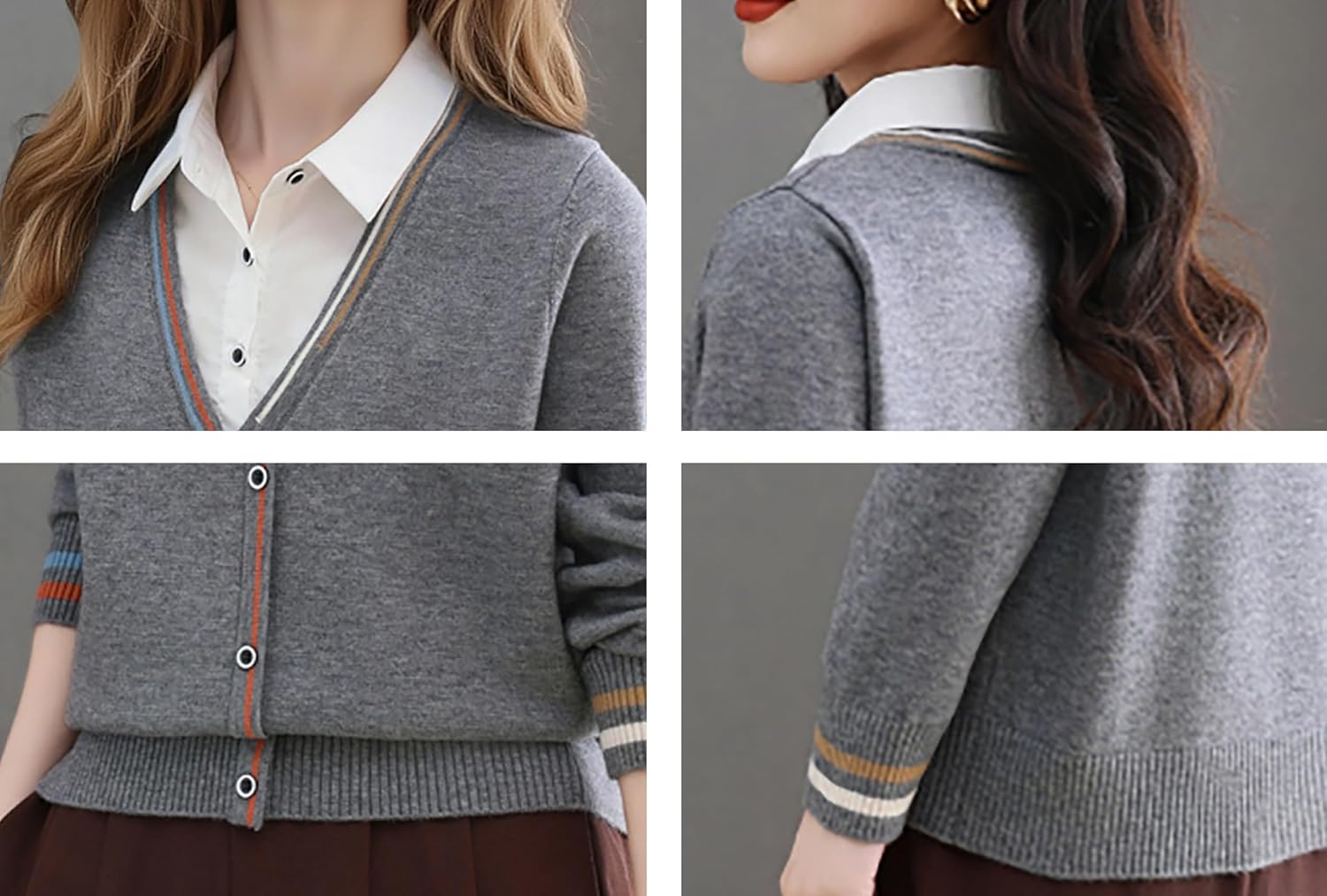 LAI MENG FIVE CATS Women's V-Neck Casual Collared 2 in 1 Pullover Top Long Sleeve Shirt Striped Contrast Blouse - Image 4