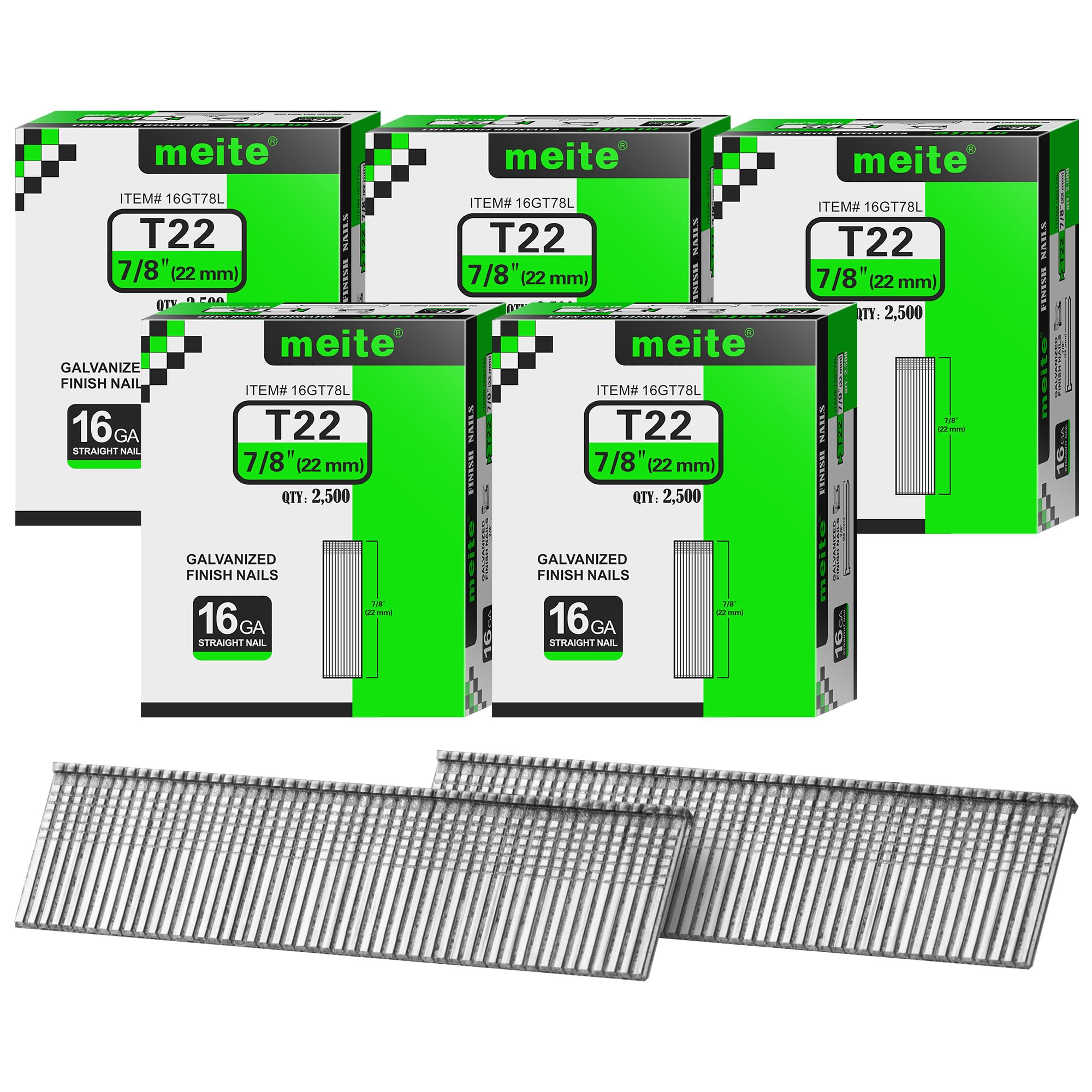 meite 16 Gauge Finish Nails 7/8 Inch Galvanized Straight T-Nails 12,500PCS
