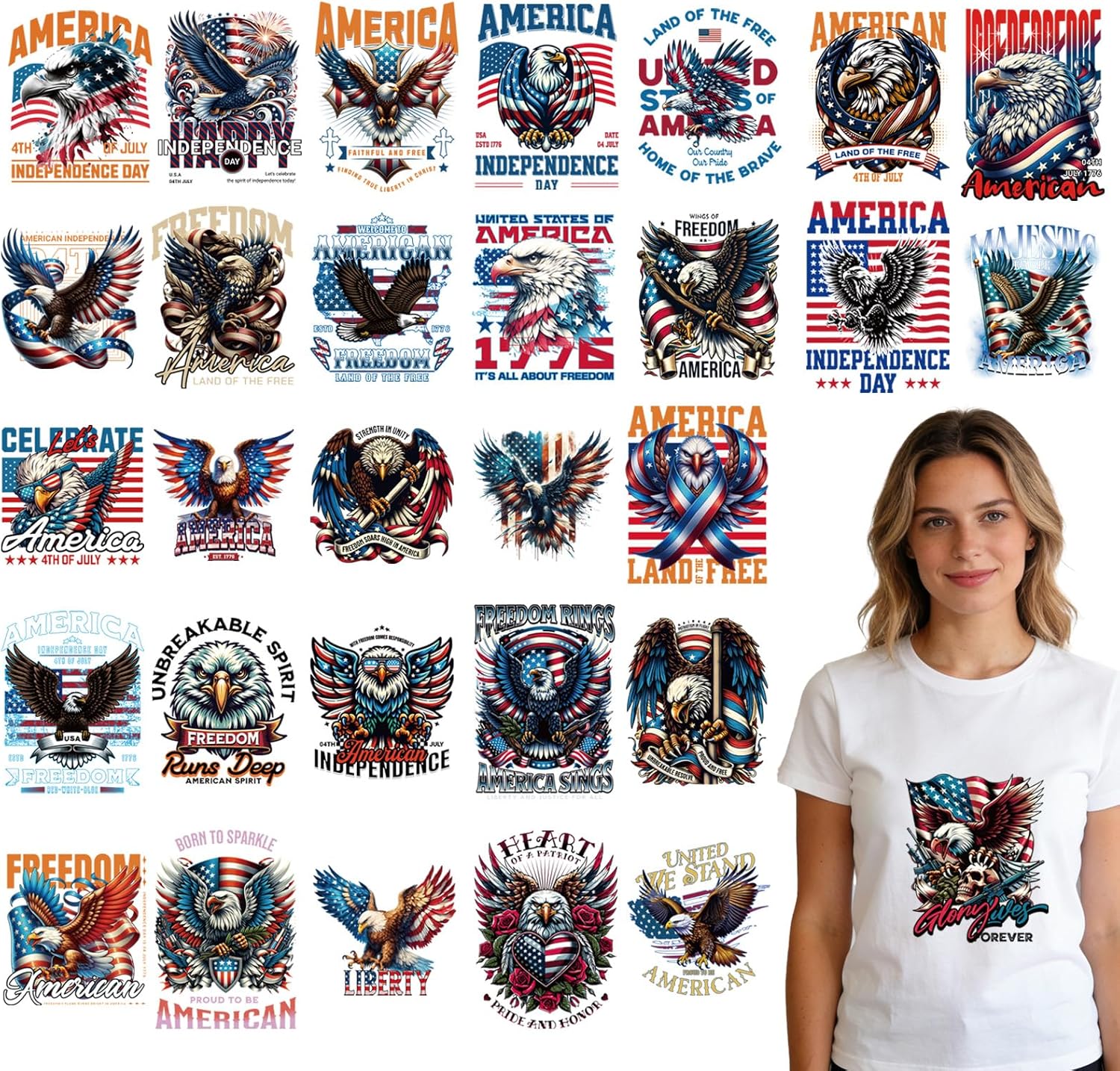 Dtf Transfers Ready to Press - 30 Pcs 4th of July Iron on Transfers Patches for T-Shirts, Eagle Independence Day Iron on Stickers Heat Transfer Vinyl Decals for DIY Fabric Clothes Decor