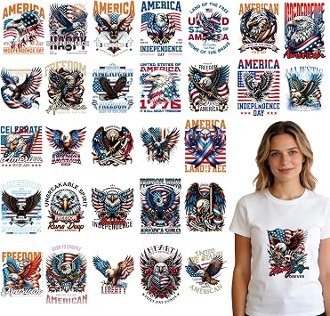 Dtf Transfers Ready to Press - 30 Pcs 4th of July Iron on Transfers Patches for T-Shirts, Eagle Independence Day Iron on Stickers Heat Transfer Vinyl Decals for DIY Fabric Clothes Decor