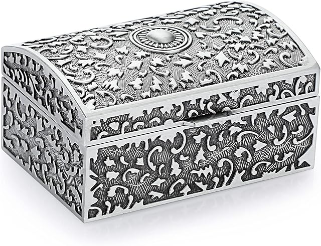 IGNPION Metal Jewellery Box Small Jewelry Display Case for Ring Necklaces Earrings Trinket Storage Organizer Case Antique Silver Mini Keepsake Box, Small