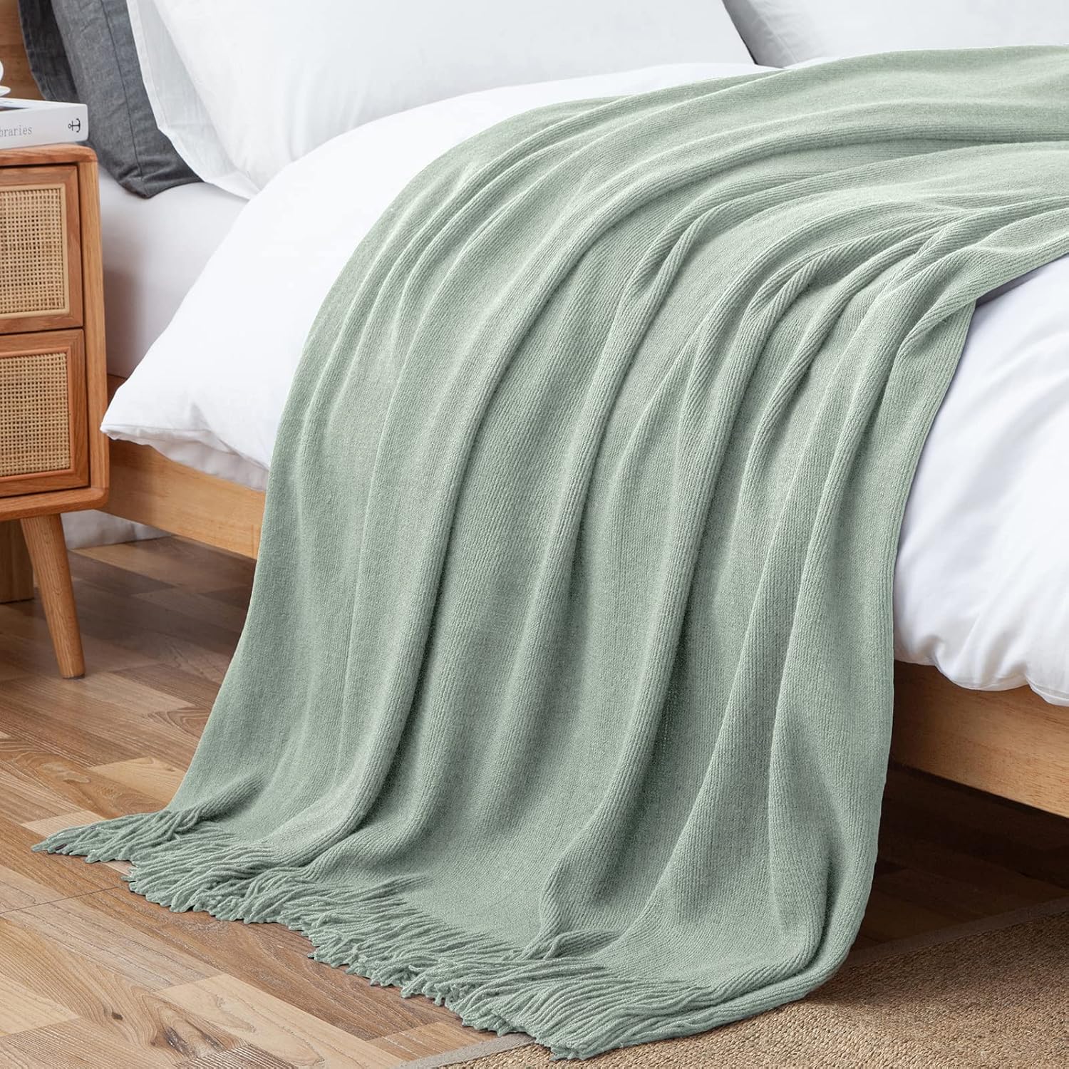 Vonty Sage Green Knitted Blanket with Tassels Fringe 50" x 60", Super Soft Knit Throw Blanket, Farmhouse Decorative Lightweight Blanket for Couch, Sofa, Bed - Image 4