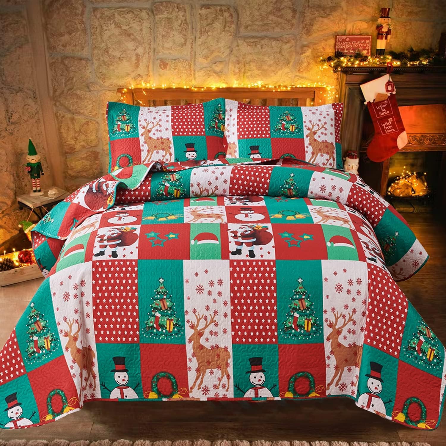 Christmas Bedding Set King Size Christmas Quilt Bedspread Rustic Plaid Patchwork Christmas Lodge Cabin Home Decor Quilt Holiday Xmas Bedding Lightweight Reversible Christmas Bedspread Coverlet