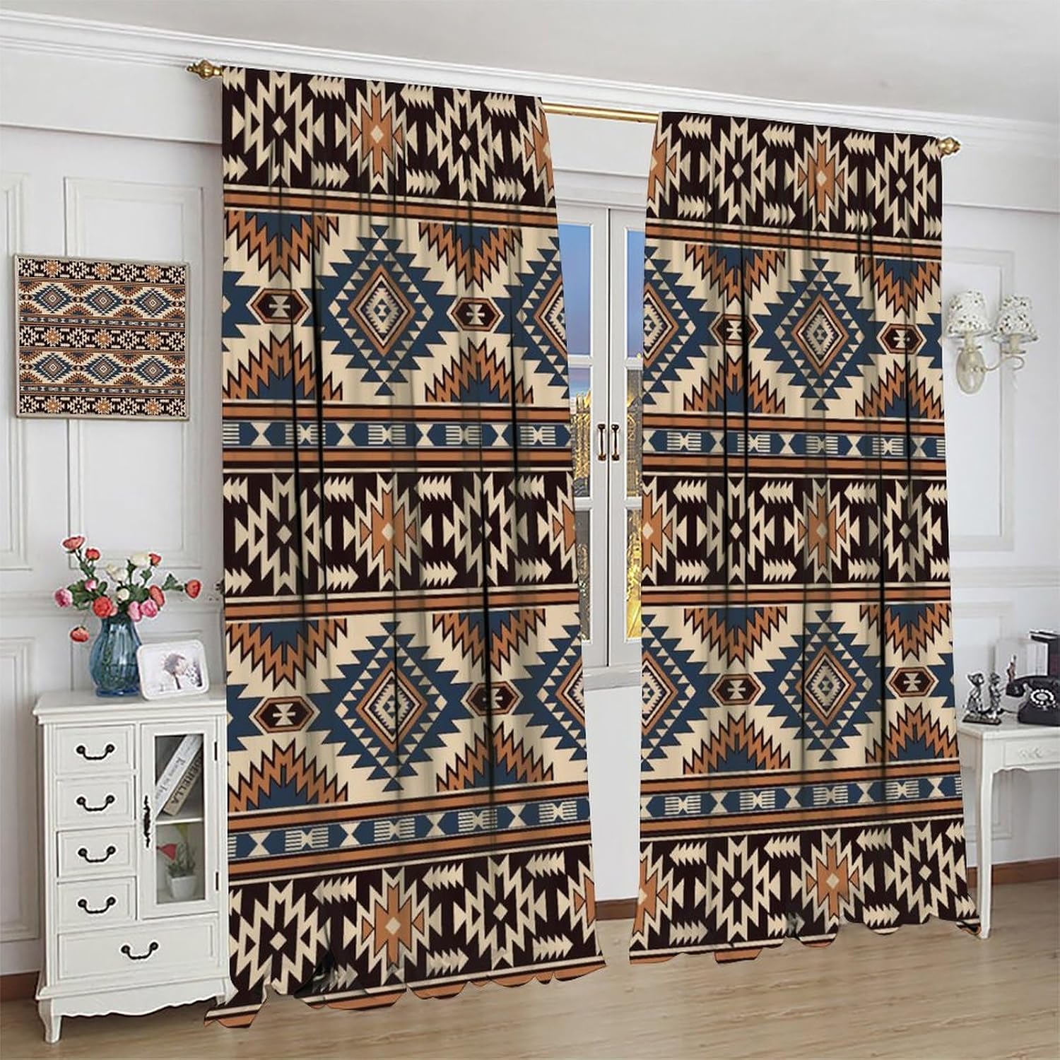 Aztec Curtains, Vintage Bohemian Ethnic Geometric Tribal Abstract Pattern Blackout Window Treatments, Rod Pocket Thermal Insulated Drapes 2 Panel Sets for Bedroom Living Room Kitchen, 42"W X 63"L