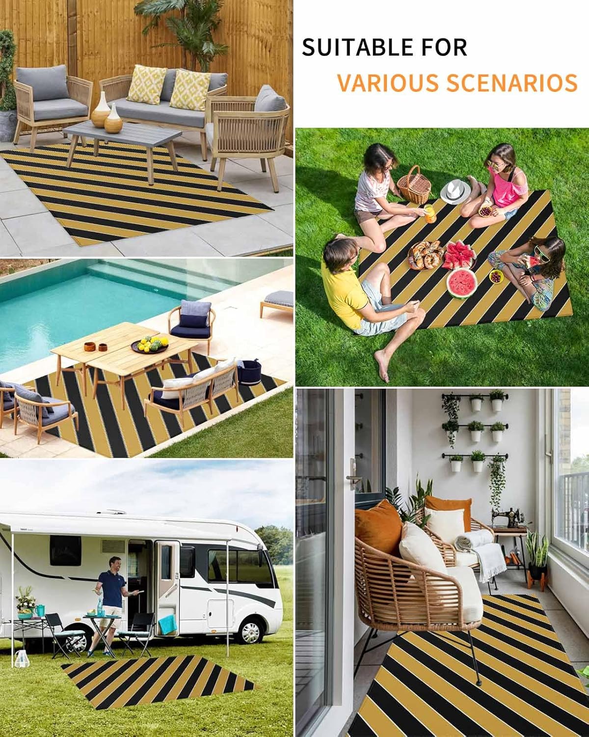 Outdoor Rug 4x6 ft Yellow Black Stripes Outdoor Large Area Rug Non Slip Rubber Lines Striped Front Door Mat RV Rug Camping Carpet Patio Outdoor Rugs for Backyard Balcony Deck Porch Indoor Outside