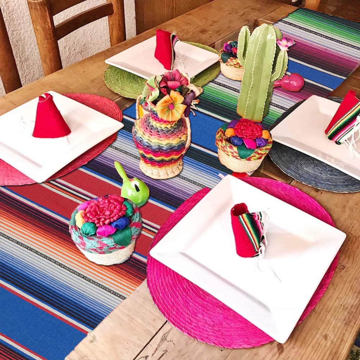MINILIFE 14 x 84 Inch Mexican Serape Table Runner for Mexican Wedding Party Decoration, Hand-Woven Cotton Mexican Blanket Table Runner (New Pink)