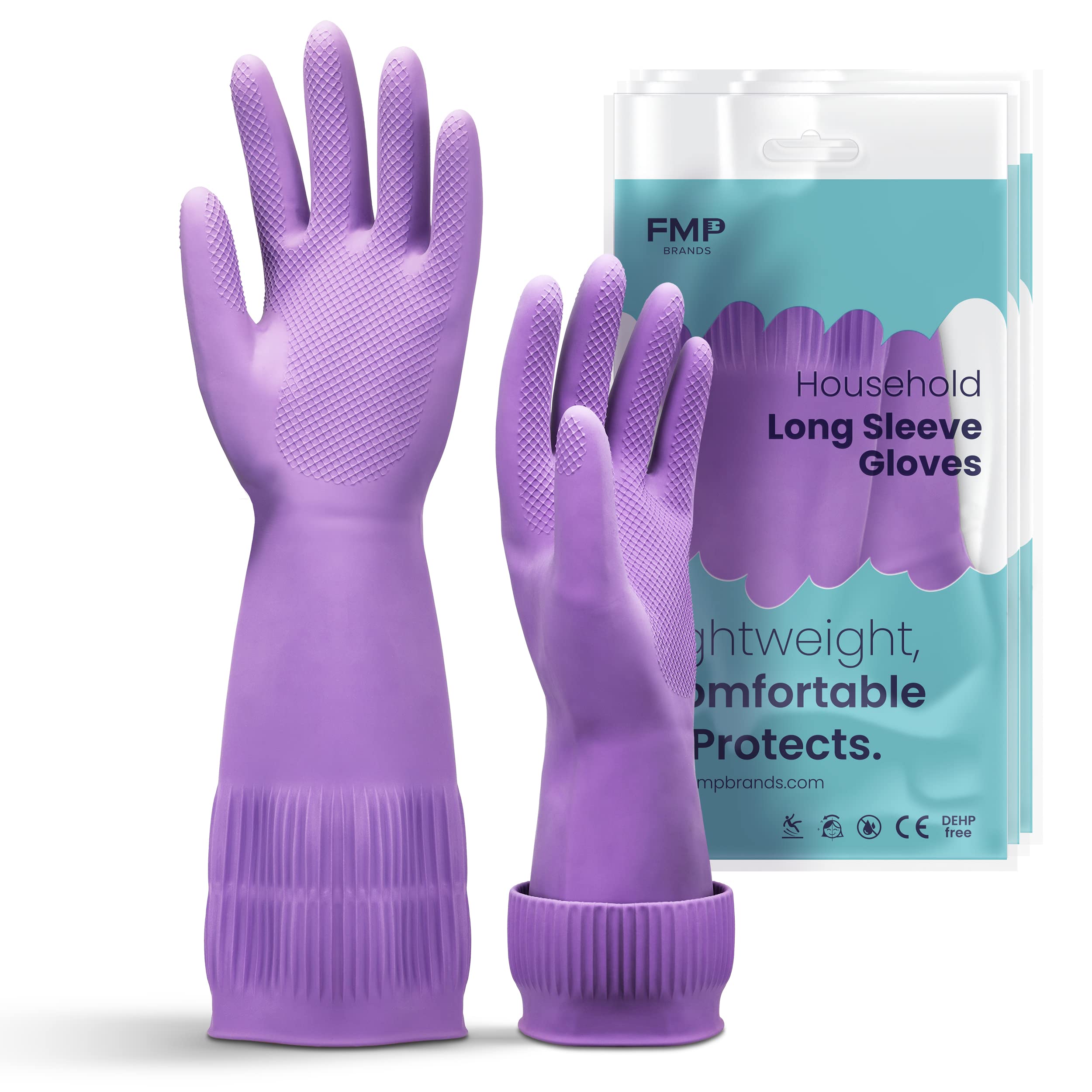 FMP Brands 3/6/12/60 Pairs 15 Inch Extra Long Rubber Dishwashing Gloves - Non-Slip for Cleaning, Kitchen, Bathroom, Gardening