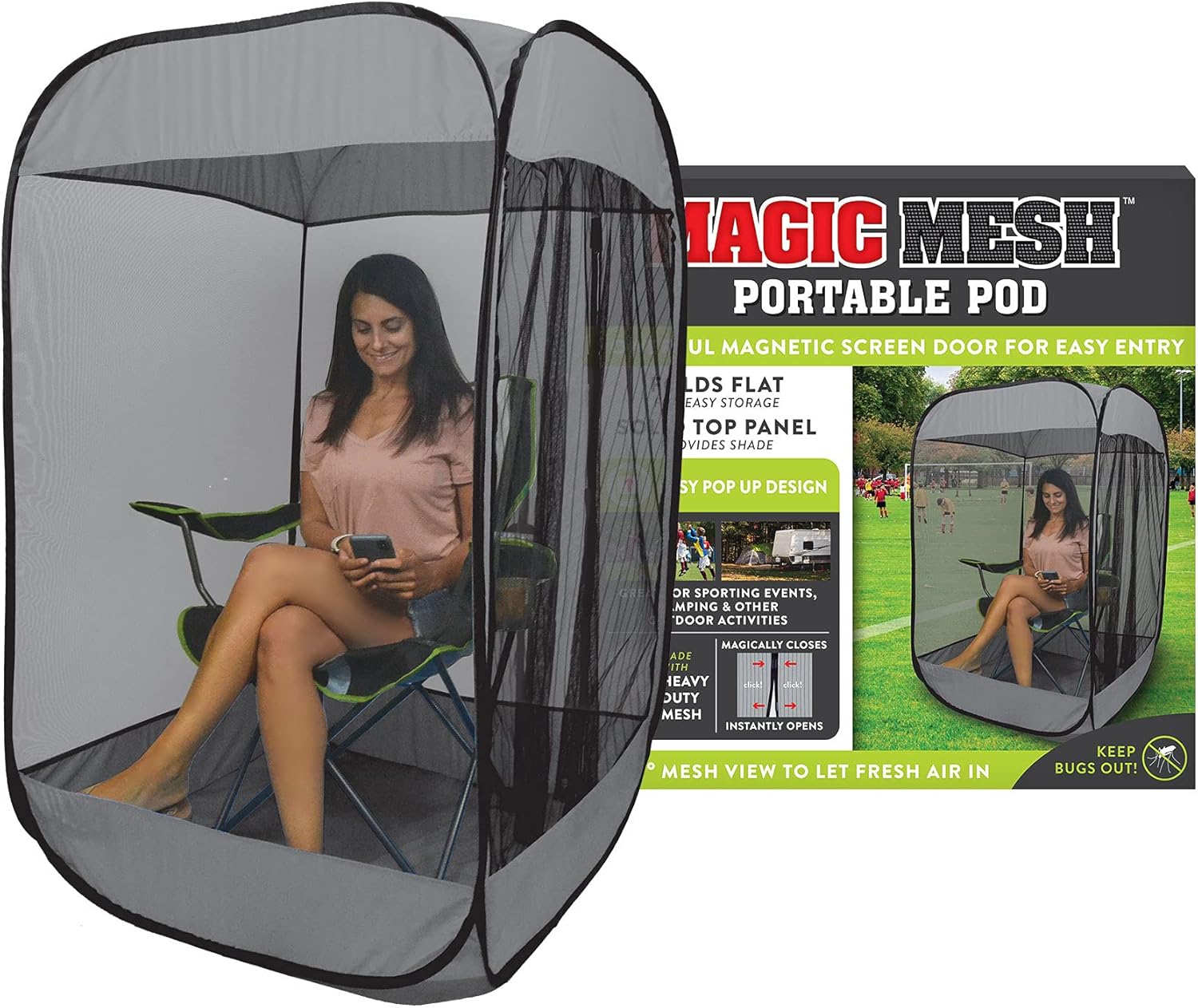 Woman sitting comfortably inside the Magic Mesh Portable Pod with a folding chair, showcasing its use.