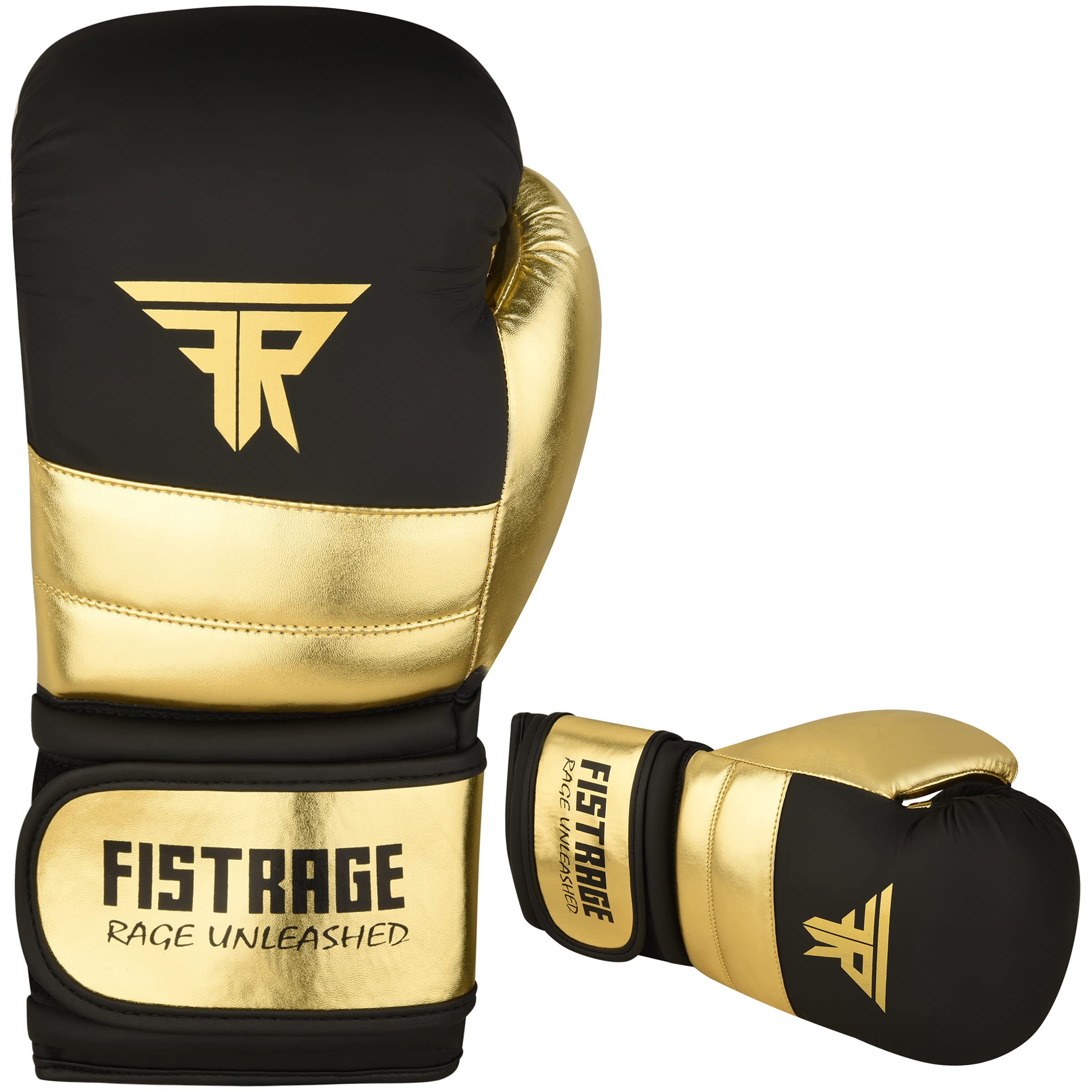 FISTRAGE Rękawice bokserskie, metaliczne, skórzane, MMA, trening muay thai, kickboxing, sparingi, ciężka torba, rękawice treningowe, rękawice dla mężczyzn i kobiet, złoto-czarne, 295 ml