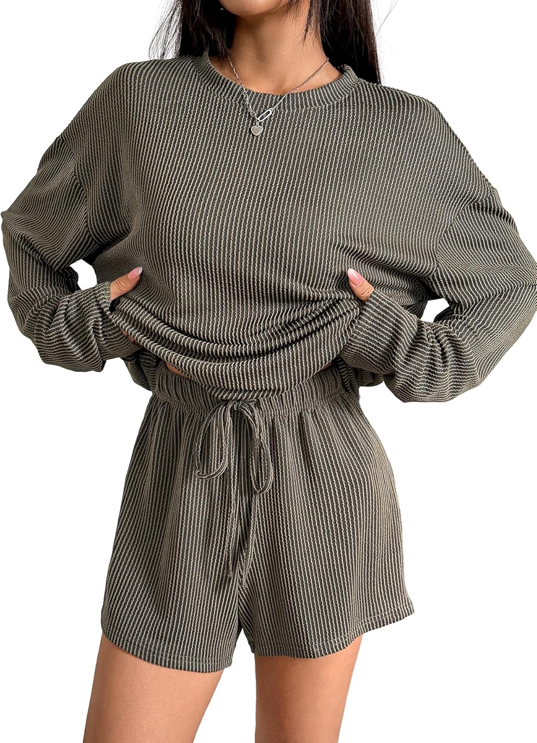 dursrove Womens 2 Piece Sets Ribbed Textured Knit Long Sleeve Shirts and Shorts Matching Lounge Set Loungewear