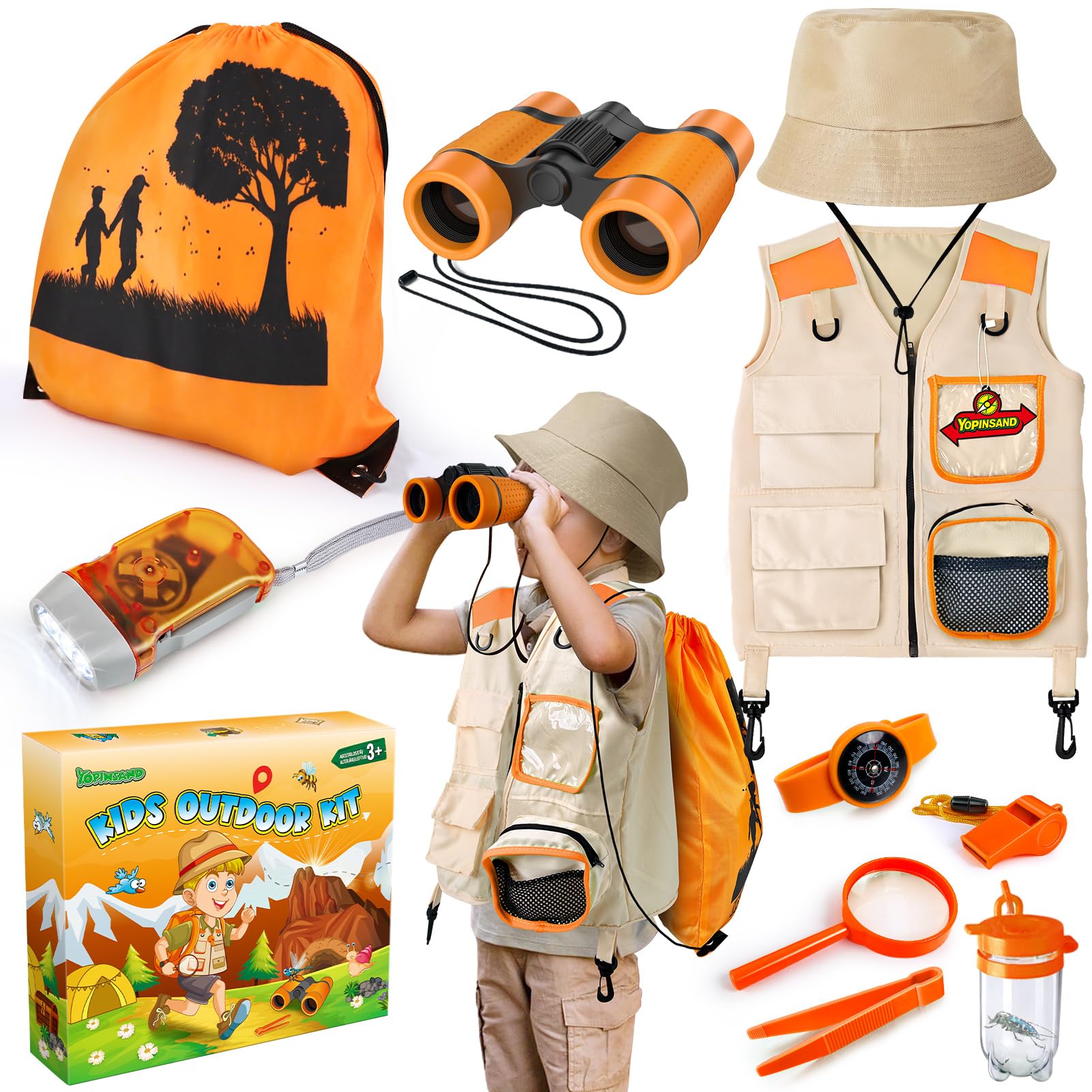 Explorer Costume Kids with Safari Vest & Hat, Kids Explorer Kit & Bug Catcher Kit with Binoculars, Outdoor Exploration Set with Vest & Hat, Ideal Outdoor Camping Adventure Toys for Boys Girls
