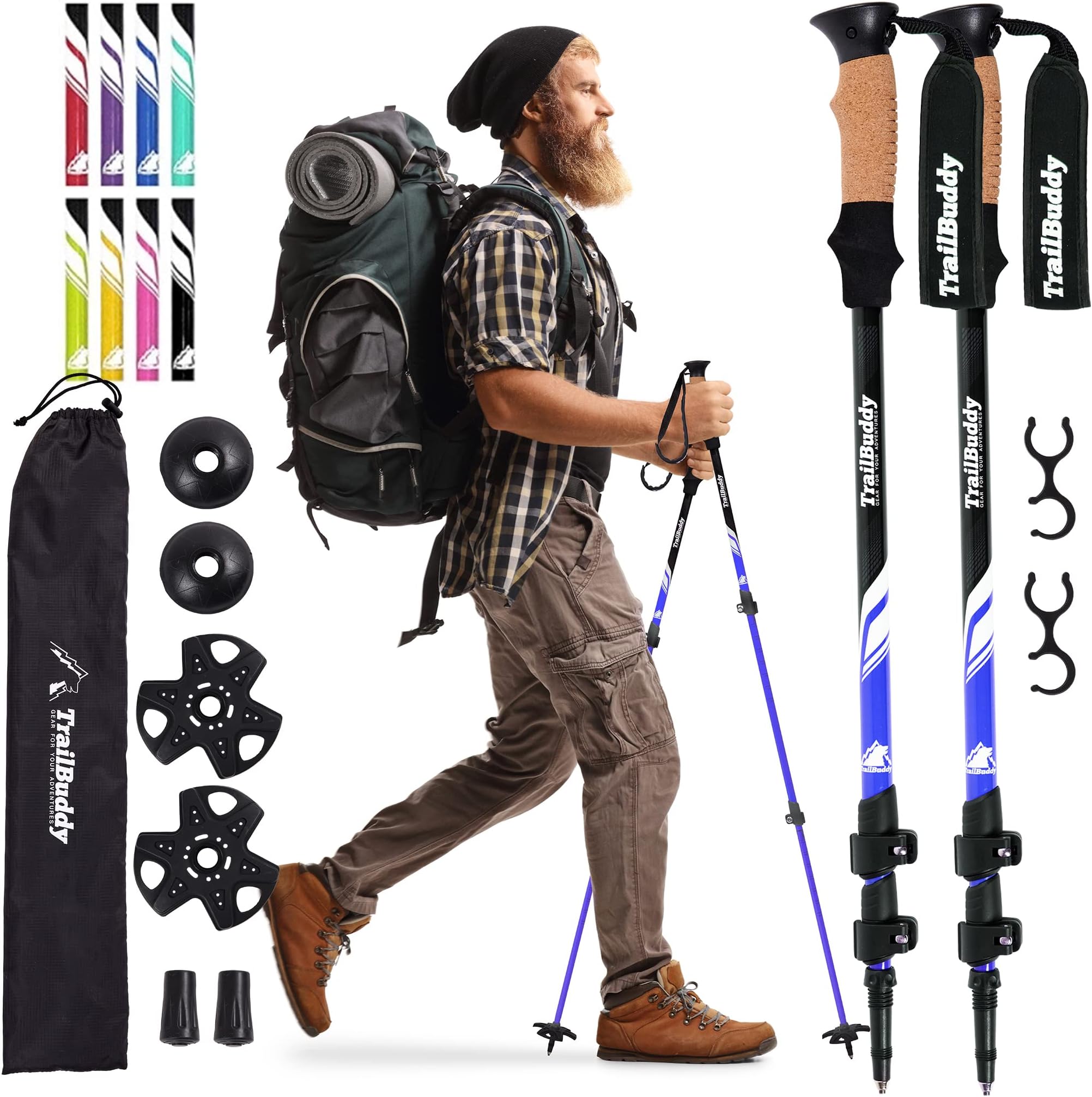 Lightweight Trekking Poles - 2-pc Pack Adjustable Hiking or Walking Sticks - Strong Aircraft Aluminum - Quick Adjust Flip-Lock - Cork Grip, Padded Strap (Lake Blue)