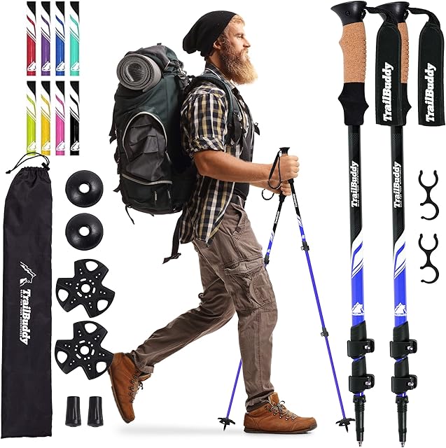 TrailBuddy Walking Poles - Pack of 2 Lightweight, Adjustable Trekking Poles for Hiking, Camping & Backpacking - Walking Sticks w/ Cork Grip and Padded Strap