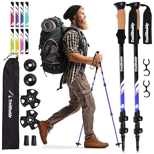TrailBuddy Trekking Poles - Adjustable Hiking Poles for Backpacking & Camping Gear - Set of 2 Collapsible Walking Sticks, Aluminum with Cork Grip