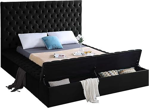 Miniatura 4 de Colección moderna Meridian Furniture Bliss, cama tapizada de terciopelo contemporánea con acolchonamiento de botón profundo y compartimentos de