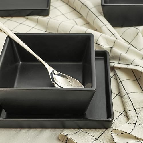 Miniatura 5 de Stone Lain Grace - Juego de vajilla cuadrada de gres, 12 piezas de servicio para 4, juego de platos y tazones, color negro Negro -,Blanco