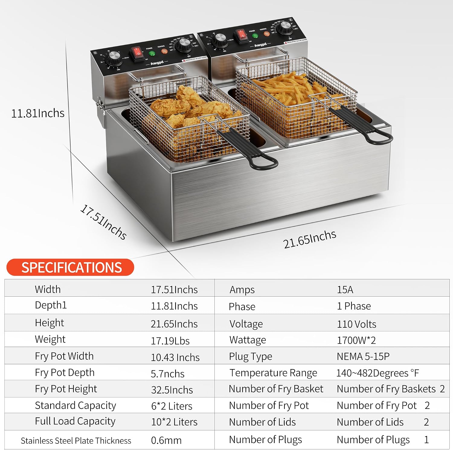 Commercial Electric Deep Fryer, Dual Tank 3400W Electric Fryer with Basket