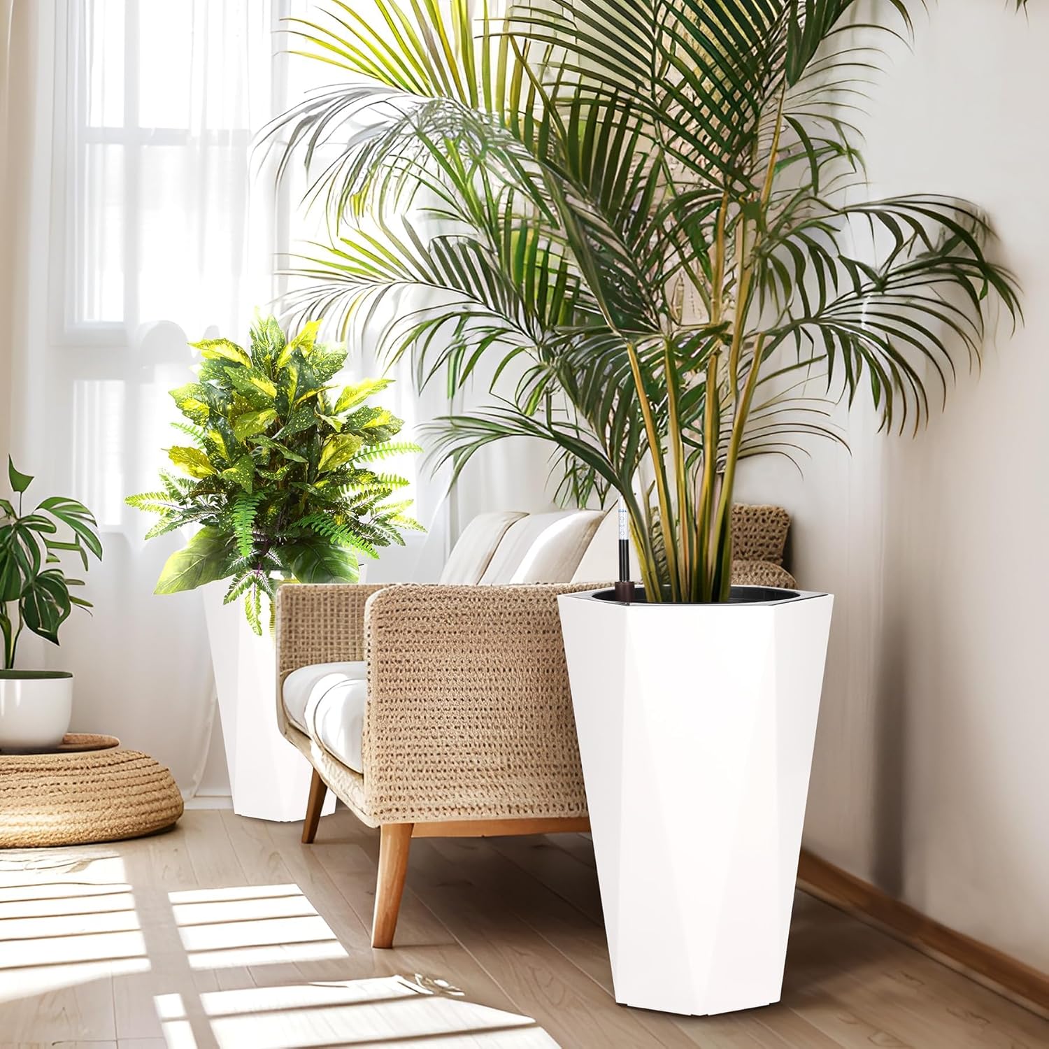 2 Pack 22 Inch Tall Diamond Planters, Modern Self-Watering Flower Pots with Water Level Indicator for Indoor & Outdoor Plants, Patio, Porch, & Home Décor, White