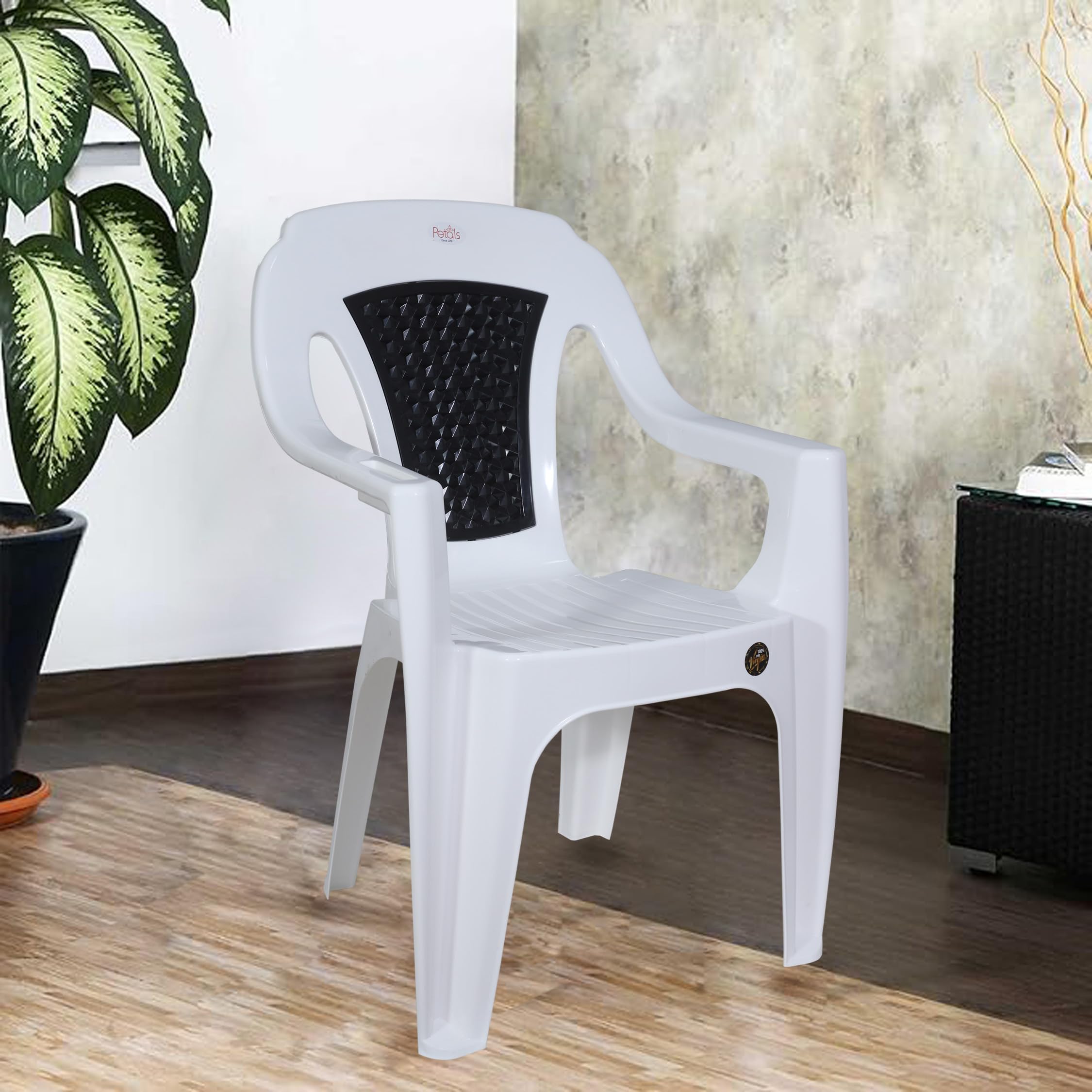 PETALS Plastic Chairs 1 Pcs | Visitors Office Armchair | Fiber Arm Chair for Patio/Living Room/Drawing Room/Home/Garden/Outdoor/Balcony | Bearing Cap 150kgs, White & Black, Tesla | 3 Years Warranty-image-24