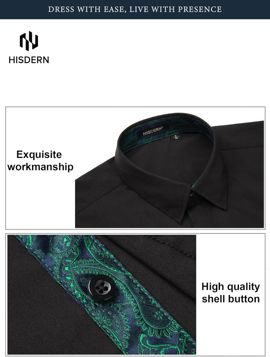 HISDERN Mens Dress Shirts Long Sleeve Button Down Casual Shirts for Men Inner Contrast Formal Business Tuxedo Wedding Shirt - Image 2