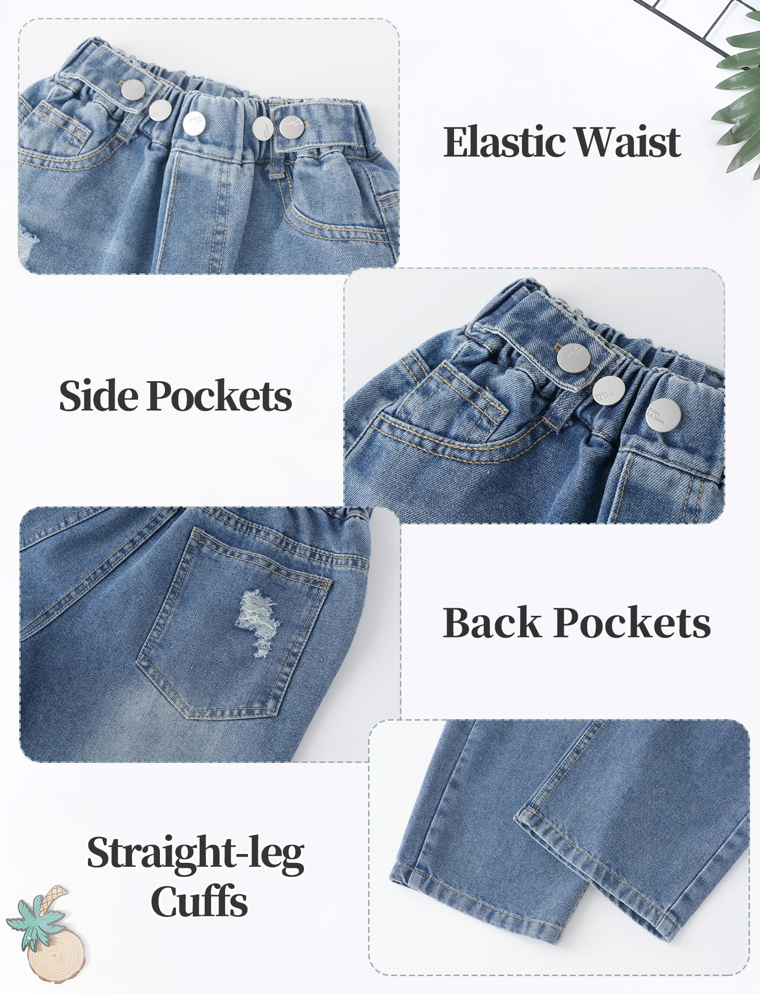 Maeau Jeans strappati a gamba larga per ragazze, pantaloni in denim sfumato, vestibilità larga, pantaloni per il tempo libero, con elastico in vita e tasche, 5-14 anni/altezza 120-170 cm