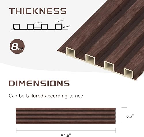 Miniatura 2 de WPC - Paneles de pared de listones, paquete de 8 listones de madera para pared y techos, paneles acústicos para decoración moderna de pared
