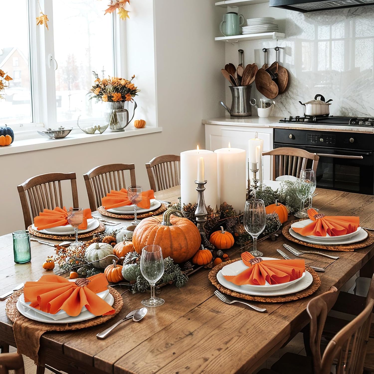 Remerry 24 Pcs Thanksgiving Fall Napkin Rings Set, Include 12 Pcs Pumpkin Napkin Rings with 12 Pcs Orange Cloth Napkin for Halloween Fall Thanksgiving Day Table Decorations Dinner Parties