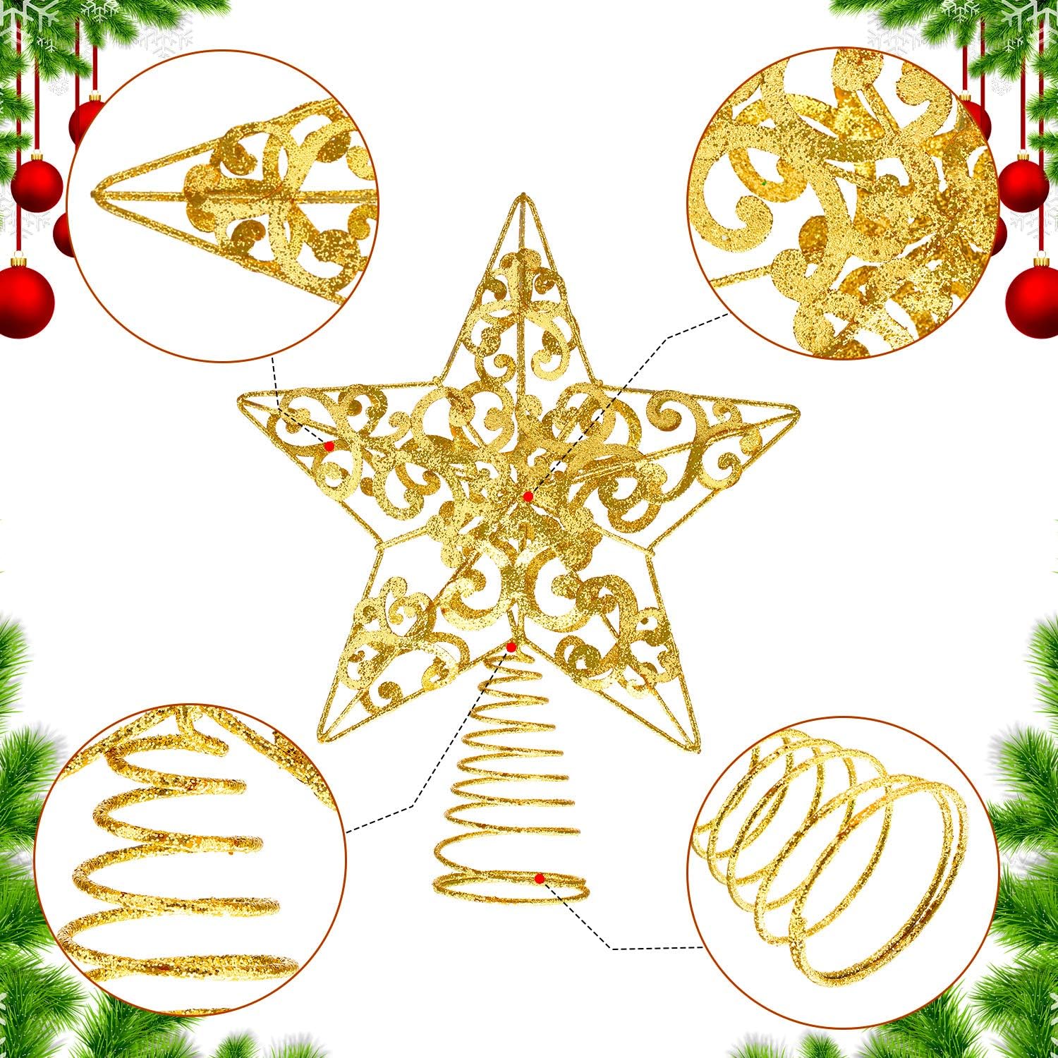 Blulu 2 Pieces 10 Inch Metal Star Tree Topper Shimmery Christmas Tree Top for Xmas Party Christmas Tree Decoration (Gold)