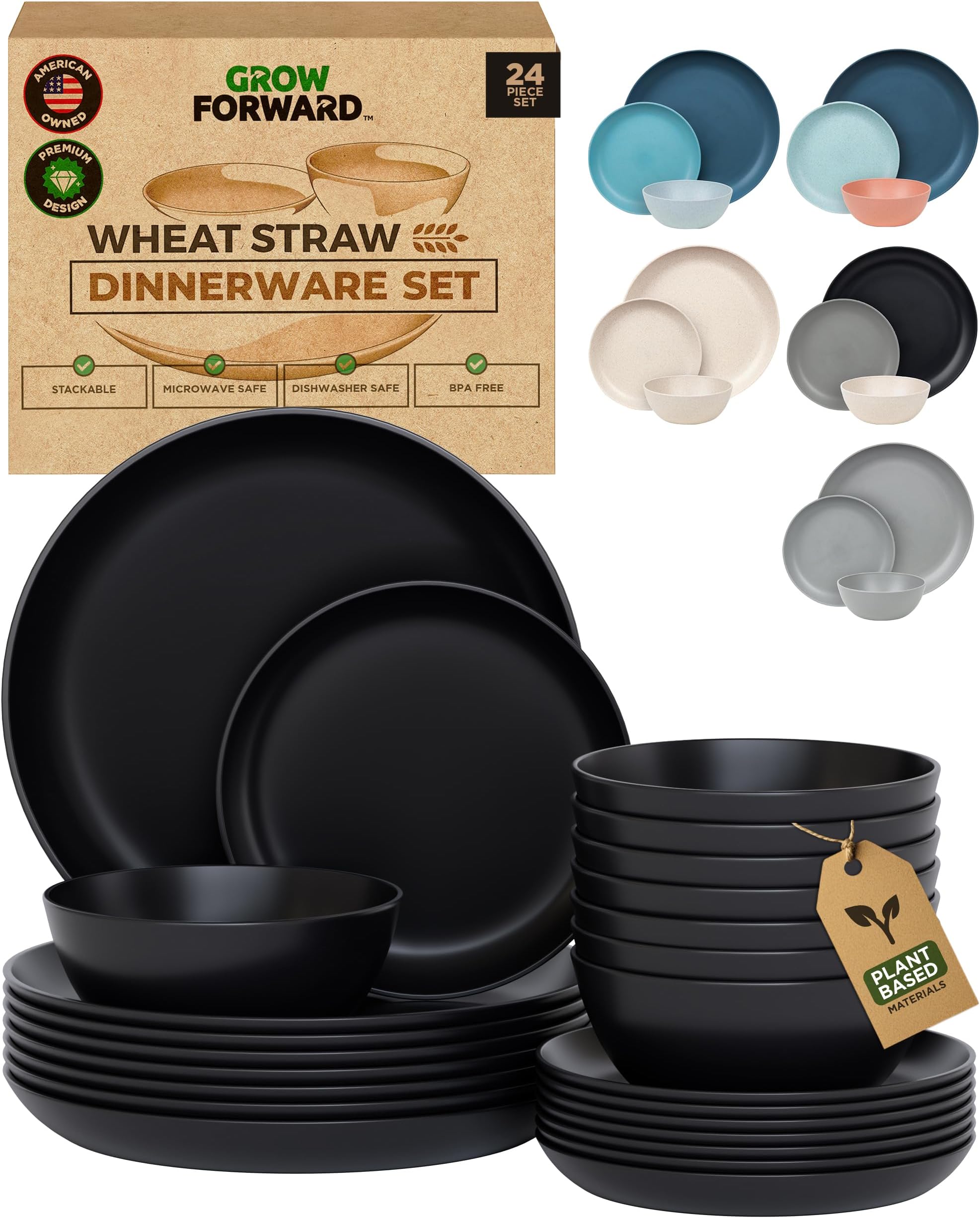 Grow Forward 24-piece Premium Wheat Straw Dinnerware Sets for 8 - Dinner Plates, Dessert Plates, Cereal Bowls - Unbreakable Microwave Safe Plastic Plates and Bowls Sets, RV, Kitchen Dishes - Midnight