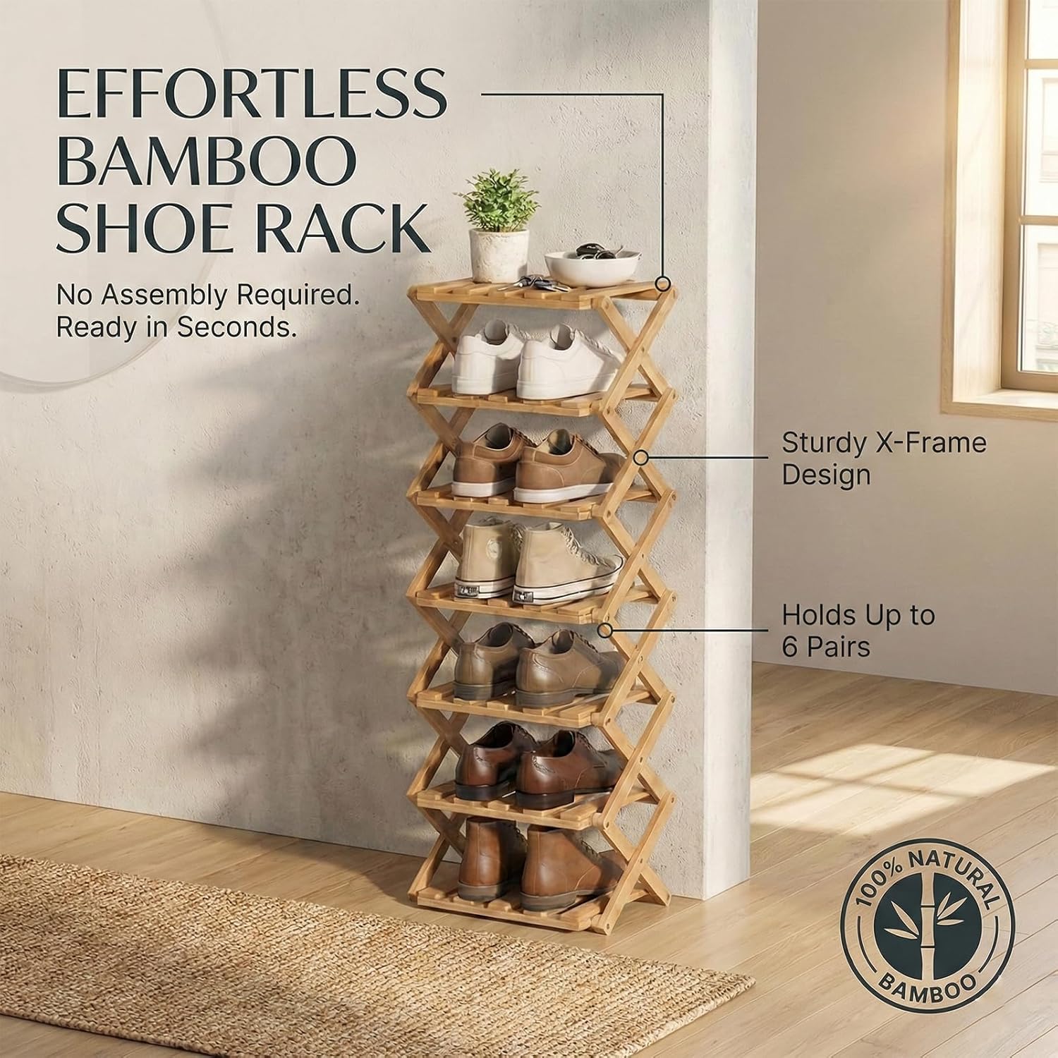 The 9-Tier No-Assembly Bamboo Rack, 2026 New 9 Tier Bamboo Shoe Rack Foldable Vertical Organizer Foldable Accordion Slim Shoe Shelf No-Assembly Bamboo Rack for Shoes, Books, Plants (9th Floor Yellow)