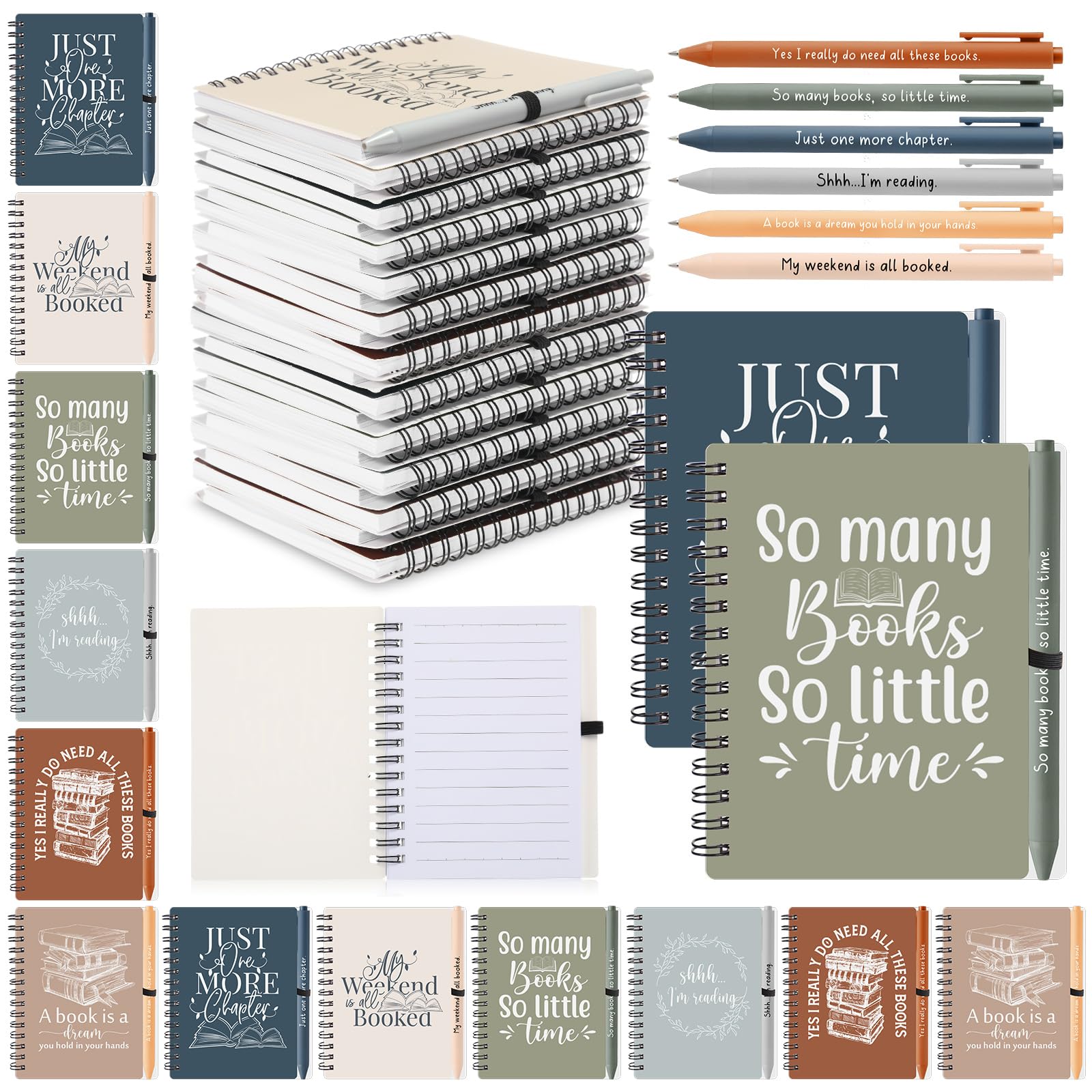 Thenshop 12 Sets Book Lover Gift Include Librarian Inspirational Spiral Notebook Pen Bulk Valentines Book Club Gift Reading Journal for Reader Teacher